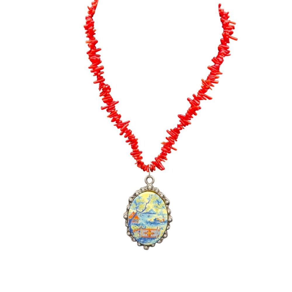 Vintage Necklace Beaded Hand-Painted Landscape Silver-Tone 16 inches